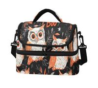 Quteprint Cute Owls Leaves Double Deck Insulated Lunch Bag for Women Men, 8L Dual Layer Cooler Bag with Adjustable Shoulder Strap, Leakproof Thermal Lunch Box for Work Picnic Outdoor