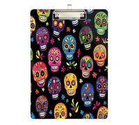 Quteprint Day of The Dead Sugar Skull Acrylic Clipboard, 9" x 12.5" Clear Scratch-Resistant Clip Board with (Silver) Metal Clip & Wall Hook - 0.25" Thick for Office Classroom Nurses Teachers Students