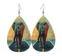 Quteprint Drop Shaped Leather Earring For Women - African Animal Elephant Lightweight Faux Leather Drop Earrings - Silver-Plated Hook, Non-Tarnish For Daily Wear, 1.49x2.24in