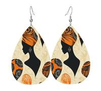 Quteprint Drop Shaped Leather Earring For Women - African Woman Print Lightweight Faux Leather Drop Earrings - Silver-Plated Hook, Non-Tarnish For Daily Wear, 1.49x2.24in