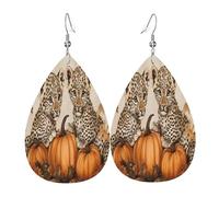 Quteprint Drop Shaped Leather Earring For Women - Animal Leopard Autumn Pumpkins Lightweight Faux Leather Drop Earrings - Silver-Plated Hook, Non-Tarnish For Daily Wear, 1.49x2.24in