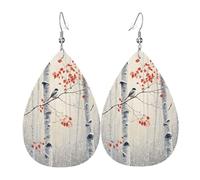 Quteprint Drop Shaped Leather Earring For Women - Birch Tree Branch Bird Lightweight Faux Leather Drop Earrings - Silver-Plated Hook, Non-Tarnish For Daily Wear, 1.49x2.24in