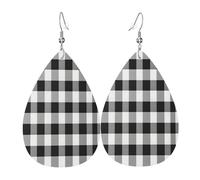 Quteprint Drop Shaped Leather Earring For Women - Black White Buffalo Plaid Lightweight Faux Leather Drop Earrings - Silver-Plated Hook, Non-Tarnish For Daily Wear, 1.49x2.24in