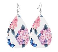 Quteprint Drop Shaped Leather Earring For Women - Blue Butterfly Hydrangeas Flower Lightweight Faux Leather Drop Earrings - Silver-Plated Hook, Non-Tarnish For Daily Wear, 1.49x2.24in