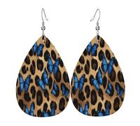 Quteprint Drop Shaped Leather Earring For Women - Blue Butterfly Leopard Print Lightweight Faux Leather Drop Earrings - Silver-Plated Hook, Non-Tarnish For Daily Wear, 1.49x2.24in