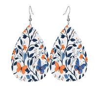 Quteprint Drop Shaped Leather Earring For Women - Blue Tree Plants Flowers Butterfly Lightweight Faux Leather Drop Earrings - Silver-Plated Hook, Non-Tarnish For Daily Wear, 1.49x2.24in