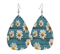 Quteprint Drop Shaped Leather Earring For Women - Blue Wooden Flower Daisy Lightweight Faux Leather Drop Earrings - Silver-Plated Hook, Non-Tarnish For Daily Wear, 1.49x2.24in