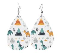 Quteprint Drop Shaped Leather Earring For Women - Cartoon Dinosaurs Dino Palms Lightweight Faux Leather Drop Earrings - Silver-Plated Hook, Non-Tarnish For Daily Wear, 1.49x2.24in