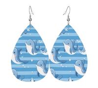 Quteprint Drop Shaped Leather Earring For Women - Cute Cartoon Dolphins Pattern Lightweight Faux Leather Drop Earrings - Silver-Plated Hook, Non-Tarnish For Daily Wear, 1.49x2.24in