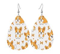 Quteprint Drop Shaped Leather Earring For Women - Cute Corgi Dog Bones Pattern Lightweight Faux Leather Drop Earrings - Silver-Plated Hook, Non-Tarnish For Daily Wear, 1.49x2.24in