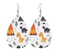 Quteprint Drop Shaped Leather Earring For Women - Cute Dinosaurs Volcanoes Lightweight Faux Leather Drop Earrings - Silver-Plated Hook, Non-Tarnish For Daily Wear, 1.49x2.24in