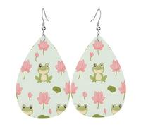 Quteprint Drop Shaped Leather Earring For Women - Cute Frog Pink Lotus Flowers Lightweight Faux Leather Drop Earrings - Silver-Plated Hook, Non-Tarnish For Daily Wear, 1.49x2.24in