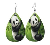 Quteprint Drop Shaped Leather Earring For Women - Cute Panda Bamboo Green Lightweight Faux Leather Drop Earrings - Silver-Plated Hook, Non-Tarnish For Daily Wear, 1.49x2.24in