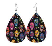 Quteprint Drop Shaped Leather Earring For Women - Day Of The Dead Sugar Skull Lightweight Faux Leather Drop Earrings - Silver-Plated Hook, Non-Tarnish For Daily Wear, 1.49x2.24in