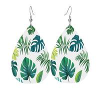 Quteprint Drop Shaped Leather Earring For Women - Exotic Tropical Palm Leaves Lightweight Faux Leather Drop Earrings - Silver-Plated Hook, Non-Tarnish For Daily Wear, 1.49x2.24in