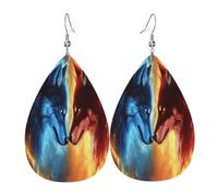Quteprint Drop Shaped Leather Earring For Women - Fire Two Wolves Wolf Lightweight Faux Leather Drop Earrings - Silver-Plated Hook, Non-Tarnish For Daily Wear, 1.49x2.24in