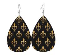 Quteprint Drop Shaped Leather Earring For Women - Fleur De Lis Gold Glitter Lightweight Faux Leather Drop Earrings - Silver-Plated Hook, Non-Tarnish For Daily Wear, 1.49x2.24in