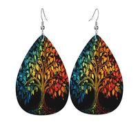 Quteprint Drop Shaped Leather Earring For Women - Four Season Tree Life Leaves Lightweight Faux Leather Drop Earrings - Silver-Plated Hook, Non-Tarnish For Daily Wear, 1.49x2.24in