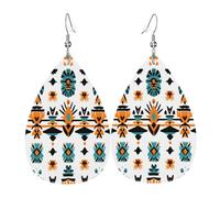 Quteprint Drop Shaped Leather Earring For Women - Geometric African Ethnic Aztec Lightweight Faux Leather Drop Earrings - Silver-Plated Hook, Non-Tarnish For Daily Wear, 1.49x2.24in