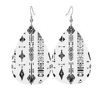 Quteprint Drop Shaped Leather Earring For Women - Geometric Aztec Pattern Lightweight Faux Leather Drop Earrings - Silver-Plated Hook, Non-Tarnish For Daily Wear, 1.49x2.24in