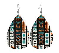 Quteprint Drop Shaped Leather Earring For Women - Geometrics African Aztec Ethnic Lightweight Faux Leather Drop Earrings - Silver-Plated Hook, Non-Tarnish For Daily Wear, 1.49x2.24in