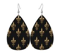 Quteprint Drop Shaped Leather Earring For Women - Gold Fleur De Lis Flower Lightweight Faux Leather Drop Earrings - Silver-Plated Hook, Non-Tarnish For Daily Wear, 1.49x2.24in