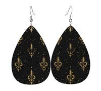 Quteprint Drop Shaped Leather Earring For Women - Gold Fleur De Lis Flower Stars Lightweight Faux Leather Drop Earrings - Silver-Plated Hook, Non-Tarnish For Daily Wear, 1.49x2.24in