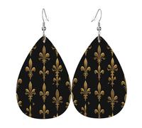 Quteprint Drop Shaped Leather Earring For Women - Gold Glitter Fleur De Lis Lightweight Faux Leather Drop Earrings - Silver-Plated Hook, Non-Tarnish For Daily Wear, 1.49x2.24in