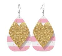 Quteprint Drop Shaped Leather Earring For Women - Gold Glitter Heart Stripe Lightweight Faux Leather Drop Earrings - Silver-Plated Hook, Non-Tarnish For Daily Wear, 1.49x2.24in