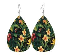 Quteprint Drop Shaped Leather Earring For Women - Hawaii Floral Palms Leaves Lightweight Faux Leather Drop Earrings - Silver-Plated Hook, Non-Tarnish For Daily Wear, 1.49x2.24in