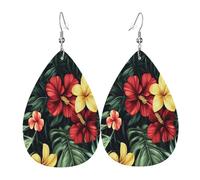 Quteprint Drop Shaped Leather Earring For Women - Hawaii Tropical Floral Palms Lightweight Faux Leather Drop Earrings - Silver-Plated Hook, Non-Tarnish For Daily Wear, 1.49x2.24in