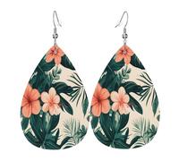 Quteprint Drop Shaped Leather Earring For Women - Hawaii Tropical Palms Leaf Flower Lightweight Faux Leather Drop Earrings - Silver-Plated Hook, Non-Tarnish For Daily Wear, 1.49x2.24in