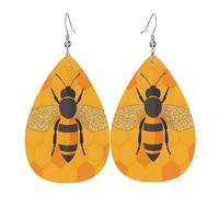 Quteprint Drop Shaped Leather Earring For Women - Honeycomb Animal Bee Lightweight Faux Leather Drop Earrings - Silver-Plated Hook, Non-Tarnish For Daily Wear, 1.49x2.24in