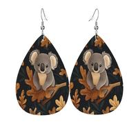 Quteprint Drop Shaped Leather Earring For Women - Koala Oak Leaves Pattern Lightweight Faux Leather Drop Earrings - Silver-Plated Hook, Non-Tarnish For Daily Wear, 1.49x2.24in