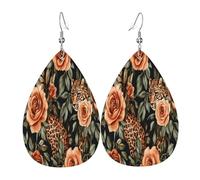 Quteprint Drop Shaped Leather Earring For Women - Leopard Print Rose Lightweight Faux Leather Drop Earrings - Silver-Plated Hook, Non-Tarnish For Daily Wear, 1.49x2.24in