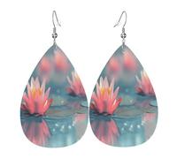 Quteprint Drop Shaped Leather Earring For Women - Lotus Summer Flower Lightweight Faux Leather Drop Earrings - Silver-Plated Hook, Non-Tarnish For Daily Wear, 1.49x2.24in