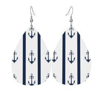 Quteprint Drop Shaped Leather Earring For Women - Navy Nautical Anchor Stripes Lightweight Faux Leather Drop Earrings - Silver-Plated Hook, Non-Tarnish For Daily Wear, 1.49x2.24in
