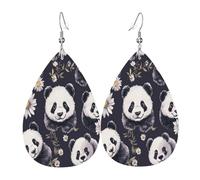 Quteprint Drop Shaped Leather Earring For Women - Panda Daisy Flowers Lightweight Faux Leather Drop Earrings - Silver-Plated Hook, Non-Tarnish For Daily Wear, 1.49x2.24in