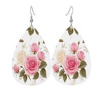 Quteprint Drop Shaped Leather Earring For Women - Pink White Rose Flower Lightweight Faux Leather Drop Earrings - Silver-Plated Hook, Non-Tarnish For Daily Wear, 1.49x2.24in