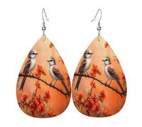 Quteprint Drop Shaped Leather Earring For Women - Red Flowers Birds On Branch Lightweight Faux Leather Drop Earrings - Silver-Plated Hook, Non-Tarnish For Daily Wear, 1.49x2.24in
