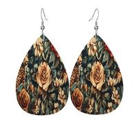 Quteprint Drop Shaped Leather Earring For Women - Rose Flower Leopard Print Lightweight Faux Leather Drop Earrings - Silver-Plated Hook, Non-Tarnish For Daily Wear, 1.49x2.24in