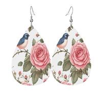 Quteprint Drop Shaped Leather Earring For Women - Rose Flowers Birds Lightweight Faux Leather Drop Earrings - Silver-Plated Hook, Non-Tarnish For Daily Wear, 1.49x2.24in