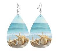 Quteprint Drop Shaped Leather Earring For Women - Sandy Beach Starfish Seashells Lightweight Faux Leather Drop Earrings - Silver-Plated Hook, Non-Tarnish For Daily Wear, 1.49x2.24in