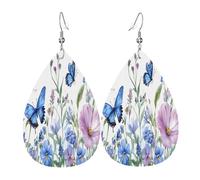 Quteprint Drop Shaped Leather Earring For Women - Spring Wildflowers Blue Butterfly Art Lightweight Faux Leather Drop Earrings - Silver-Plated Hook, Non-Tarnish For Daily Wear, 1.49x2.24in