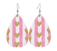 Quteprint Drop Shaped Leather Earring For Women - Stripe Gold Heart Lightweight Faux Leather Drop Earrings - Silver-Plated Hook, Non-Tarnish For Daily Wear, 1.49x2.24in