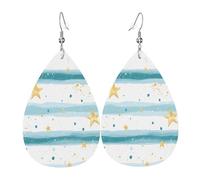 Quteprint Drop Shaped Leather Earring For Women - Stripe Golden Stars Lightweight Faux Leather Drop Earrings - Silver-Plated Hook, Non-Tarnish For Daily Wear, 1.49x2.24in