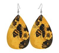 Quteprint Drop Shaped Leather Earring For Women - Summer Bee Flower Honeycomb Lightweight Faux Leather Drop Earrings - Silver-Plated Hook, Non-Tarnish For Daily Wear, 1.49x2.24in