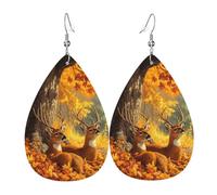 Quteprint Drop Shaped Leather Earring For Women - Two Deers Autumn Leaves Lightweight Faux Leather Drop Earrings - Silver-Plated Hook, Non-Tarnish For Daily Wear, 1.49x2.24in