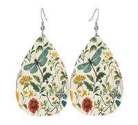Quteprint Drop Shaped Leather Earring For Women - Vintage Dragonfly Herbs Flowers Lightweight Faux Leather Drop Earrings - Silver-Plated Hook, Non-Tarnish For Daily Wear, 1.49x2.24in