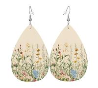 Quteprint Drop Shaped Leather Earring For Women - Vintage Flower Herbs Lightweight Faux Leather Drop Earrings - Silver-Plated Hook, Non-Tarnish For Daily Wear, 1.49x2.24in